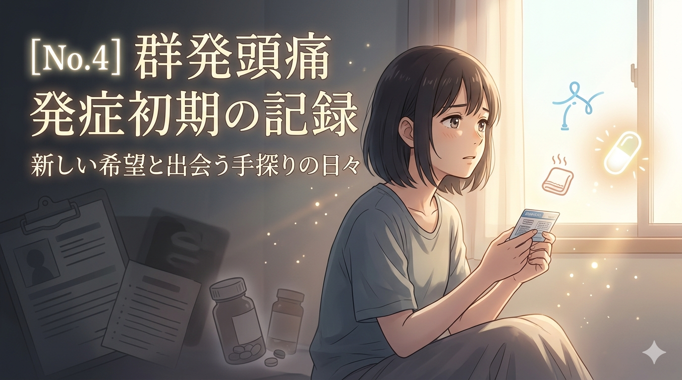 薄暗い部屋で、群発頭痛の痛みに耐えながら、窓から差し込む希望の光を見つめる若い女性のアニメイラスト。新しい薬や酸素吸入という対処法に出会い、手探りの治療に光が見えてくる瞬間を描いています。