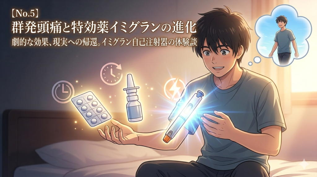 群発頭痛の激しい痛みから解放され、深い安堵と希望に満ちた表情を浮かべる若い男性のアニメイラスト。彼の手にはイミグラン自己注射器があり、その劇的な即効性によって現実に戻ってきた瞬間を描いています。窓からは温かい希望の光が差し込んでいます。