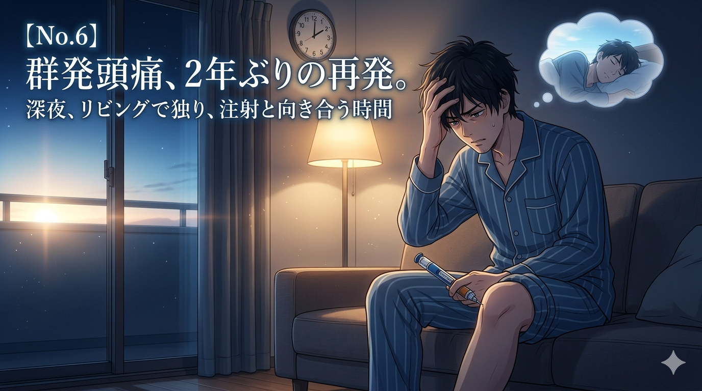 深夜、群発頭痛の再発による激痛に耐える男性が、イミグラン自己注射器を手に、孤独と強い意志を持って対処するアニメイラスト。窓からは温かい希望の光が差し込んでいます。