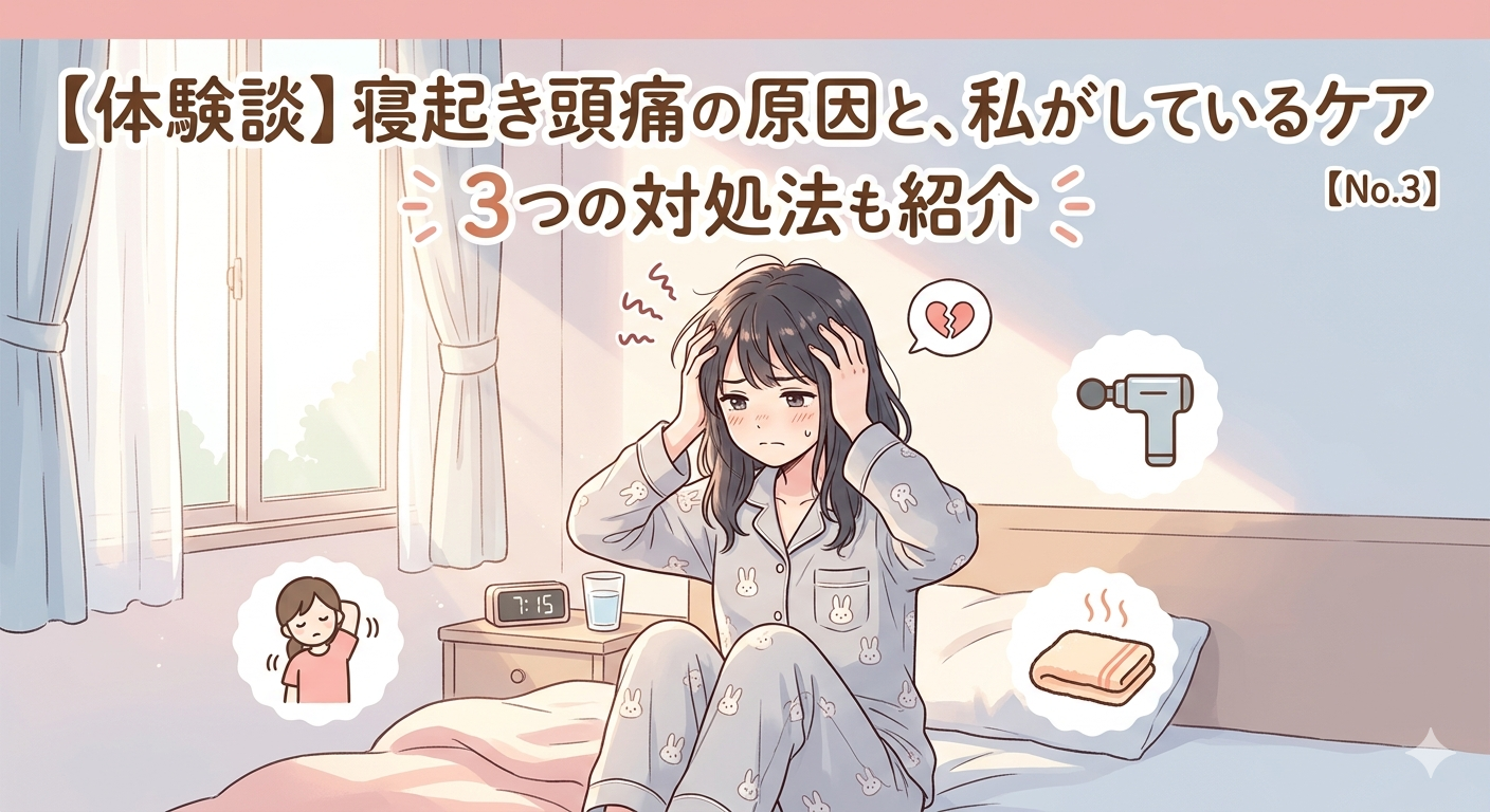 朝の寝室で寝起き頭痛を感じる女性と、原因、対処法を象徴するアイコンを組み合わせた、親しみやすいアニメ風アイキャッチイラスト。