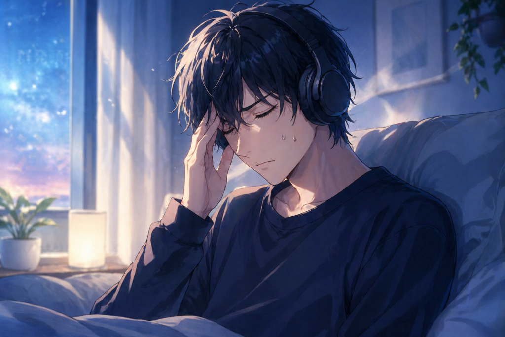 群発頭痛の終盤で軽い痛みと不快感に耐えながらこめかみを押さえる中性的な男性のイラスト