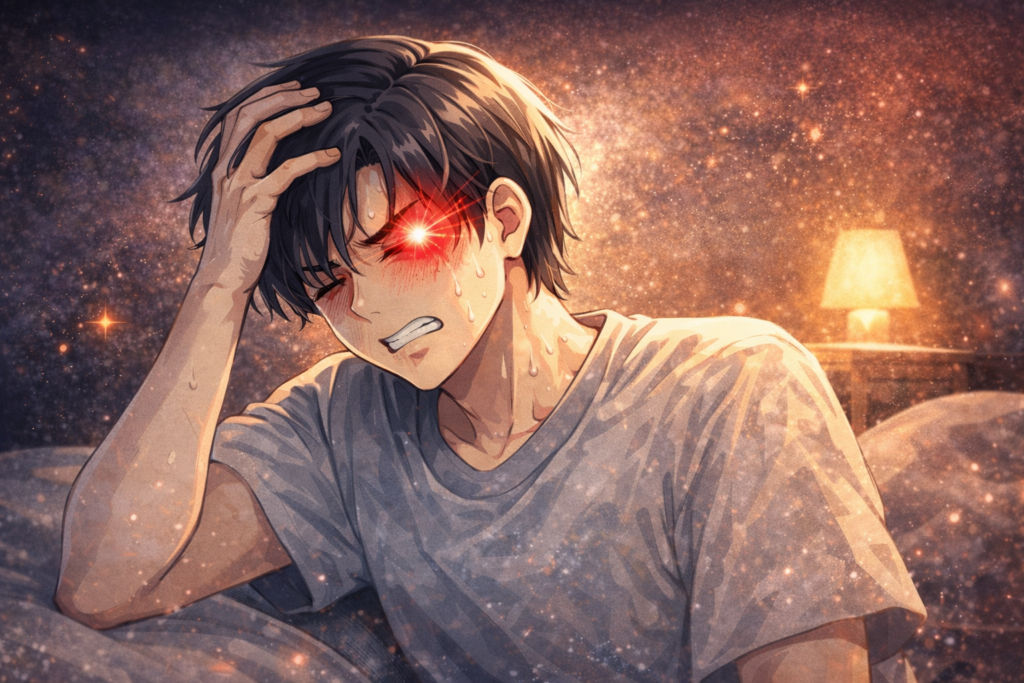 群発頭痛の深夜発作で目の奥の激痛に苦しむ男性の様子を描いた可愛らしいアニメ風イラスト