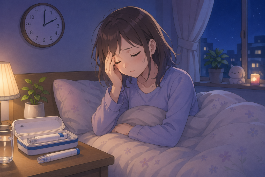 夜中2時頃に起きた群発頭痛に対してイミグラン皮下注射で対処する様子のアニメ風イラスト