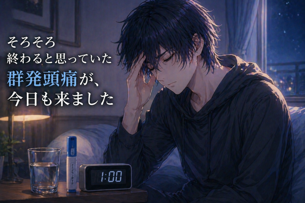 群発頭痛が終わりそうで終わらず夜中と日中に発作が続く中こめかみを押さえる中性的な男性のアニメイラスト