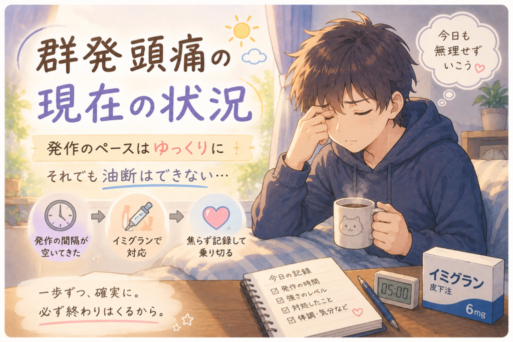 群発頭痛の現在の状況と発作の波を記録したアニメ風アイキャッチ画像
