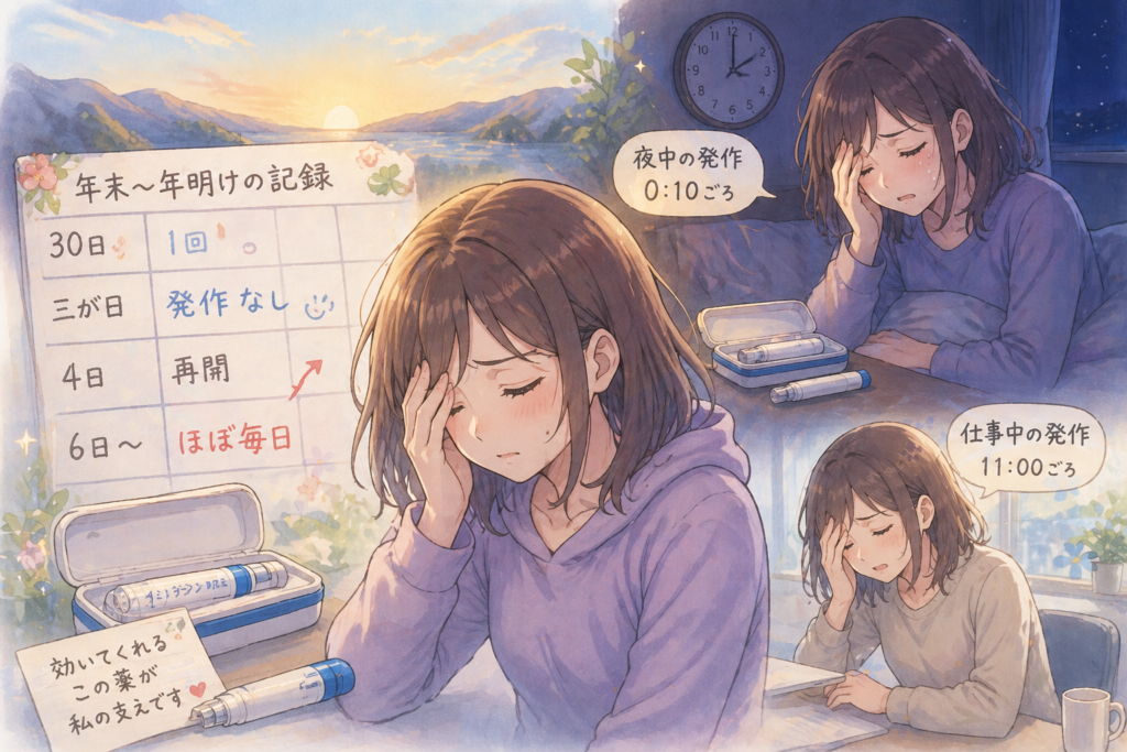 年末から年明けにかけて群発頭痛の頻度や強さが変化し夜間や日中に発作が起きた様子を表したアニメ風イラスト