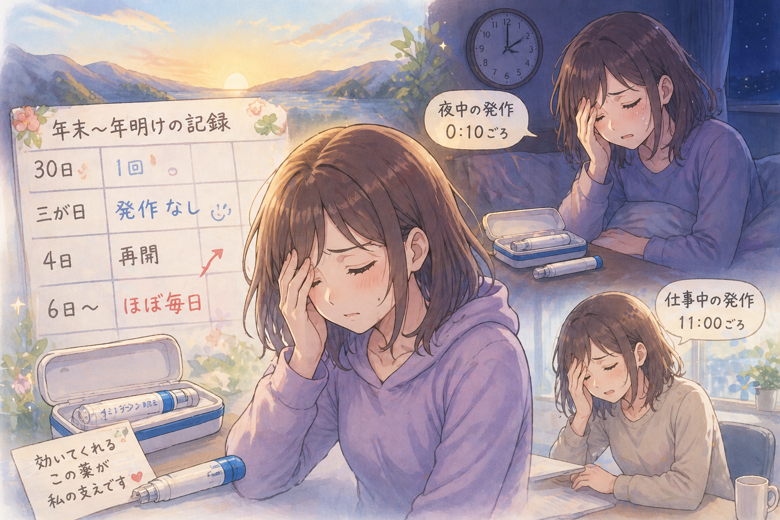 年末から年明けにかけて群発頭痛の頻度や強さが変化し夜間や日中に発作が起きた様子を表したアニメ風イラスト