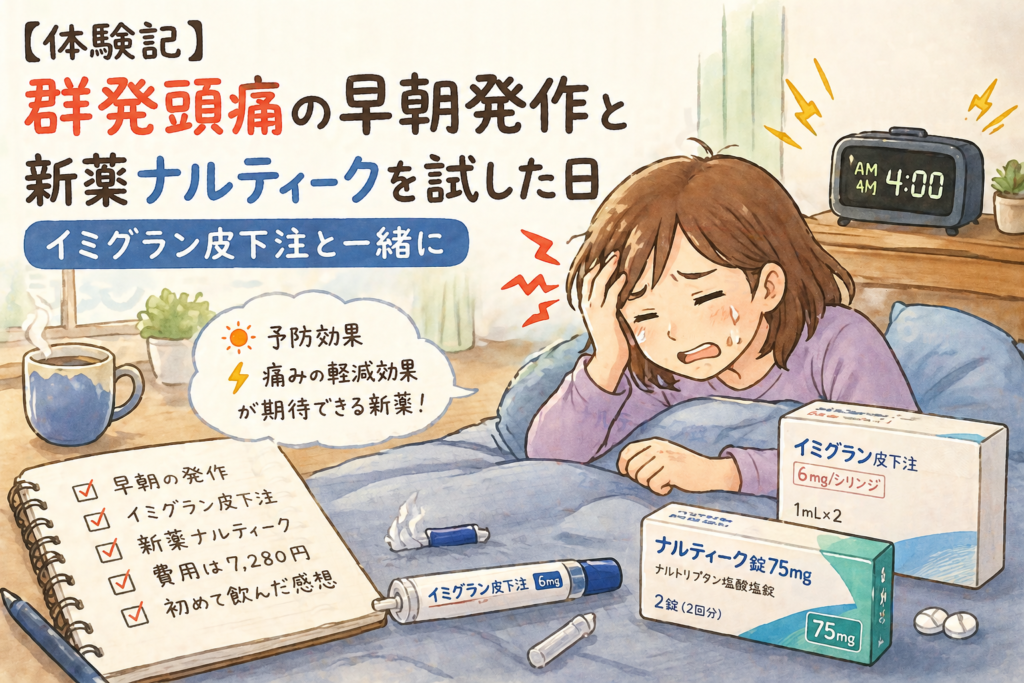 早朝の群発頭痛で苦しむ女性とイミグラン皮下注射・新薬ナルティークを描いた体験イラスト