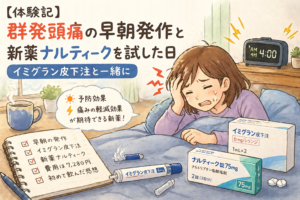 早朝の群発頭痛で苦しむ女性とイミグラン皮下注射・新薬ナルティークを描いた体験イラスト