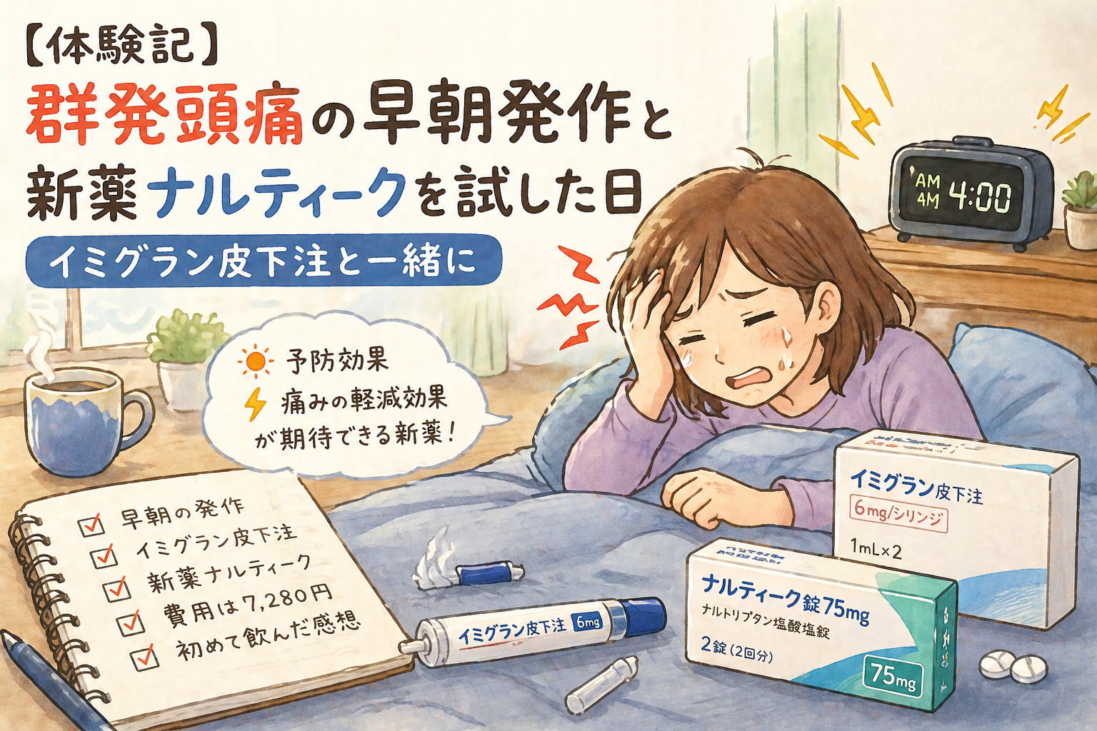早朝の群発頭痛で苦しむ女性とイミグラン皮下注射・新薬ナルティークを描いた体験イラスト