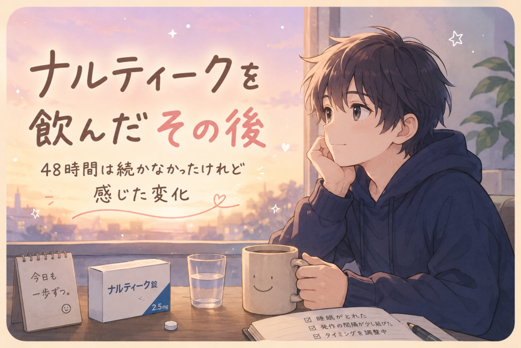 ナルティーク服用後の変化を静かに振り返る群発頭痛体験記のアニメ風アイキャッチ画像