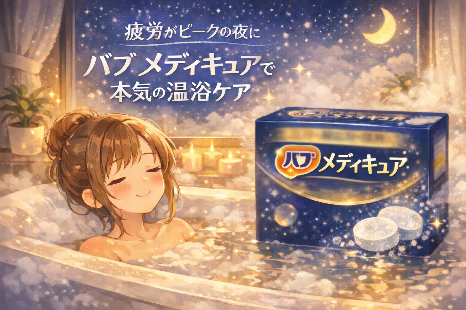 バブ メディキュアの入浴剤でリラックスするアニメ風女性のアイキャッチ画像。疲労ケアをイメージした温浴シーン。