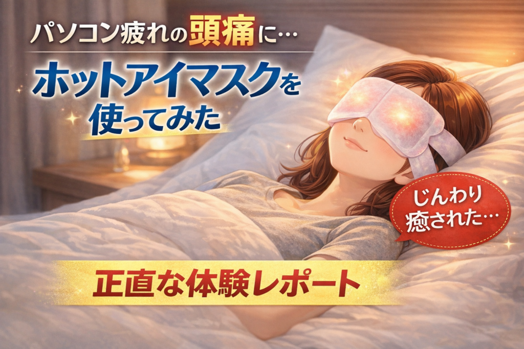 パソコン作業で目が疲れた時にホットアイマスクを使ってリラックスしている様子