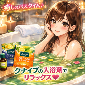 クナイプの入浴剤でリラックスする女性のイラスト（漫画風）