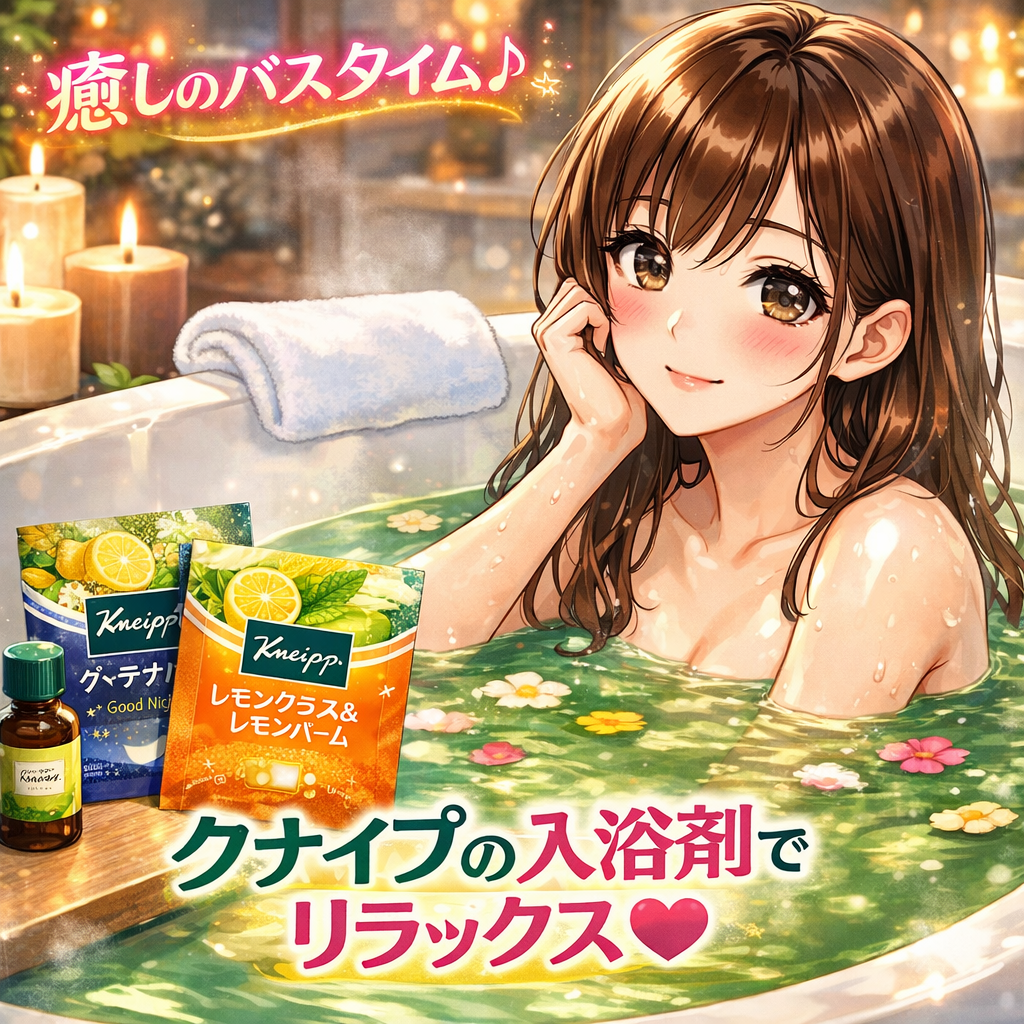 クナイプの入浴剤でリラックスする女性のイラスト（漫画風）